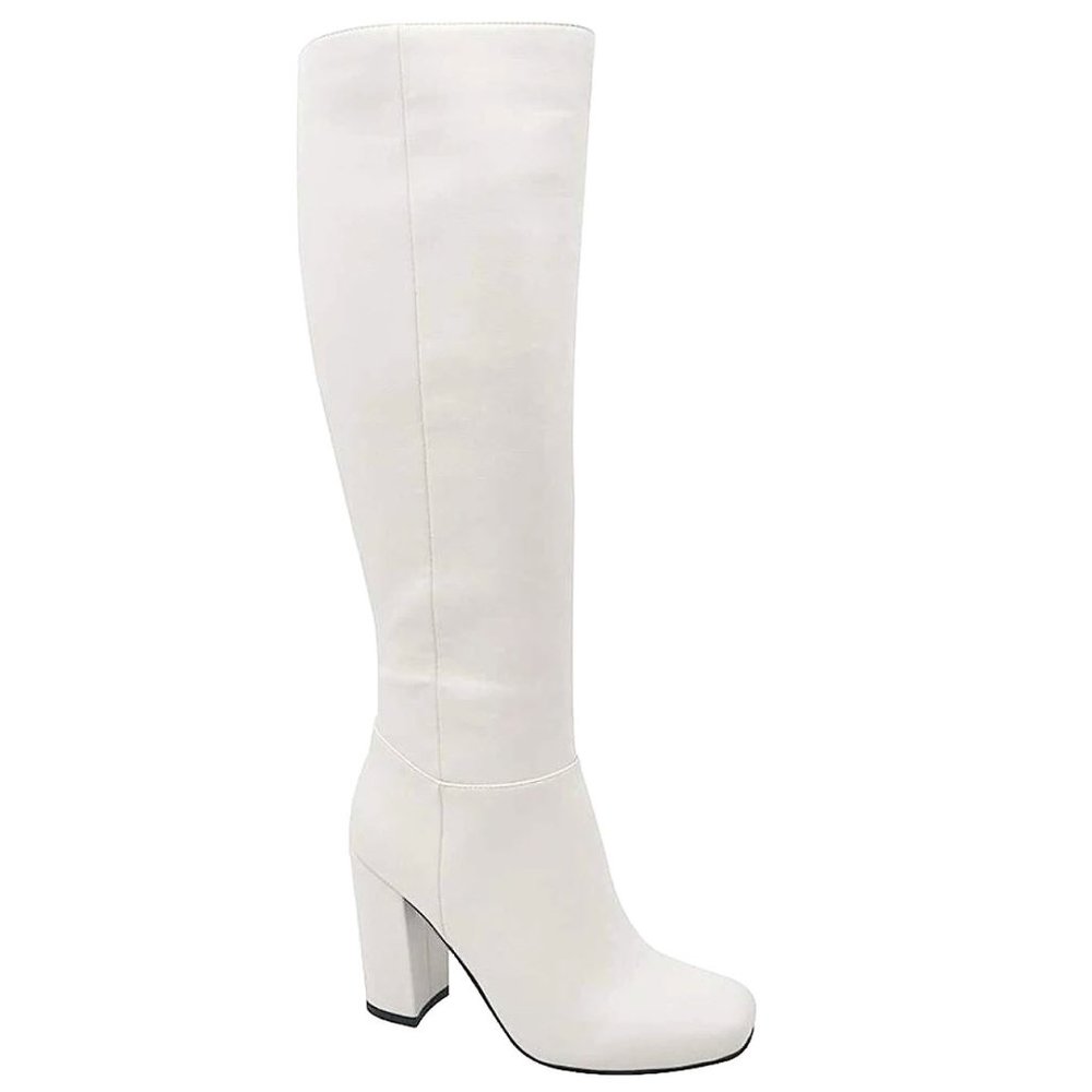 New White Square Toe Chunky Heel Knee Boots